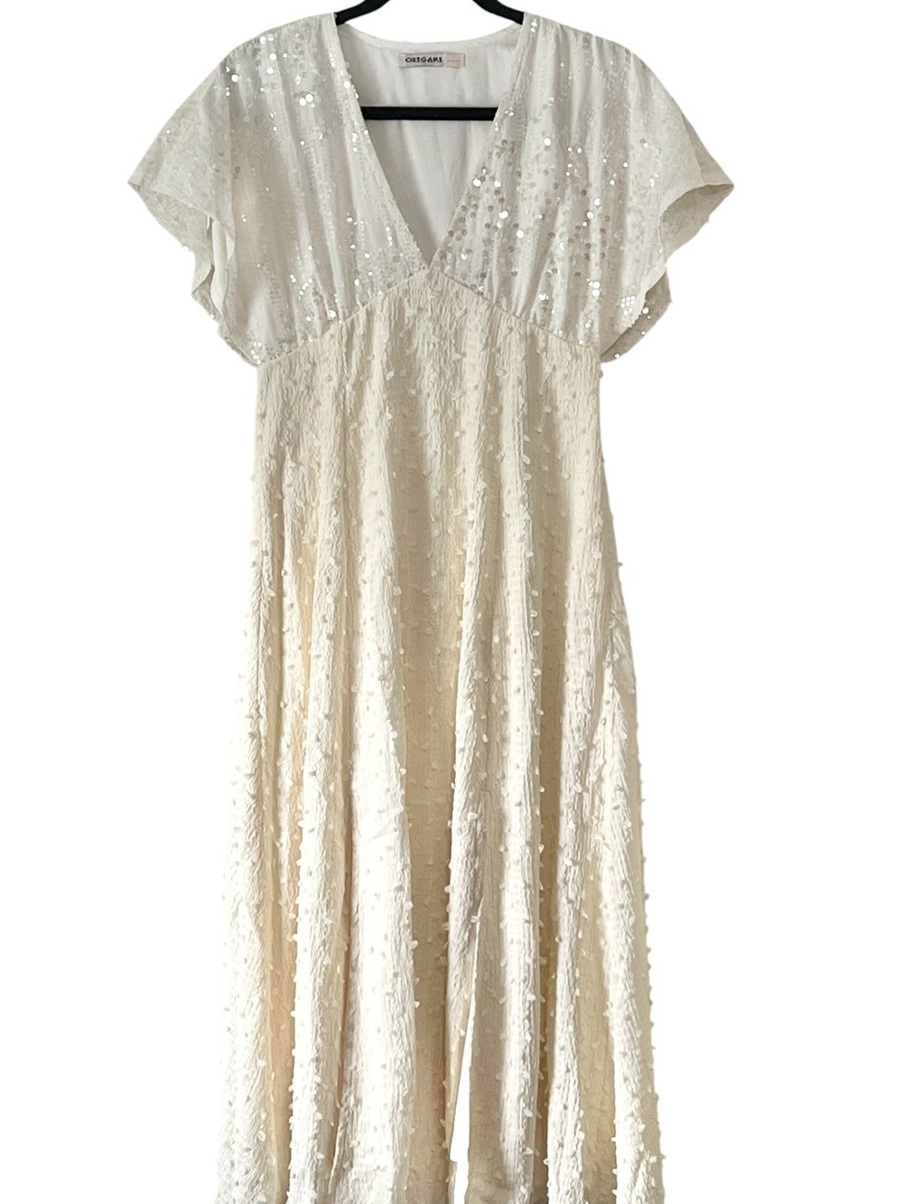 Origami Crochet Sequin V-Neck Maxi Dress in Ivory/Cream